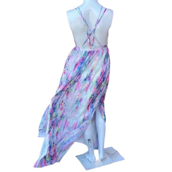 L'Atiste Pink Blue Tie Dye Strappy Low Cut Empire Waist Flowy Maxi Dress Small - Picture 5 of 8